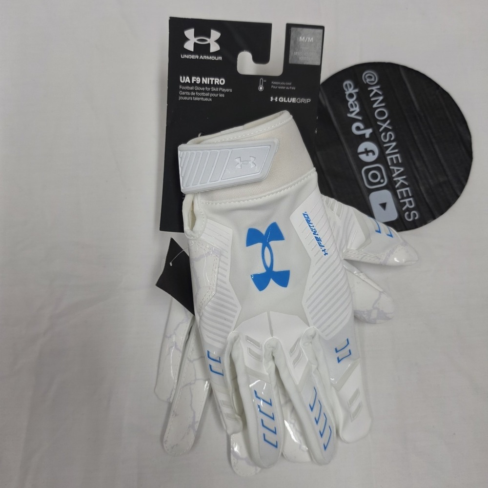 Under Armour F9 Nitro Football Gloves White Blue Sticky Grip Men's Size Medium